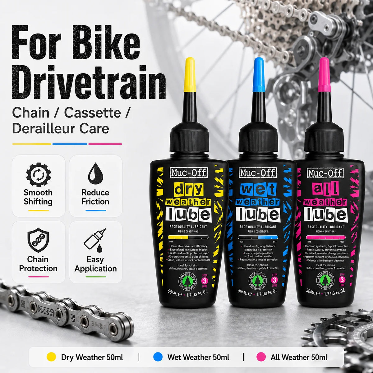 Lubrificante per Catene Muc-Off 50ml, per Uso a Secco o Bagnato, Adatto a Tutte le Condizioni Atmosferiche, Riduce l'Attrito e Garantisce Cambi Fluidi per Biciclette da Strada e MTB