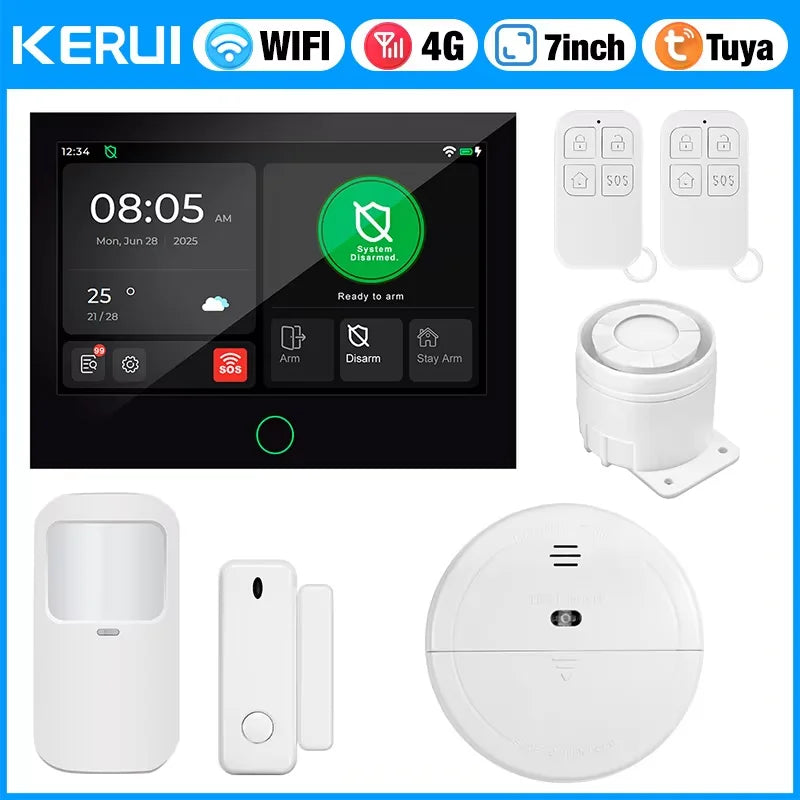 KERUI NUOVO Allarme domestico wireless 4G + WiFi con ampio touch screen IPS da 7 pollici Sistema di allarme intelligente Tuya con sensore di movimento per la casa