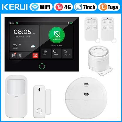 KERUI NUOVO Allarme domestico wireless 4G + WiFi con ampio touch screen IPS da 7 pollici Sistema di allarme intelligente Tuya con sensore di movimento per la casa
