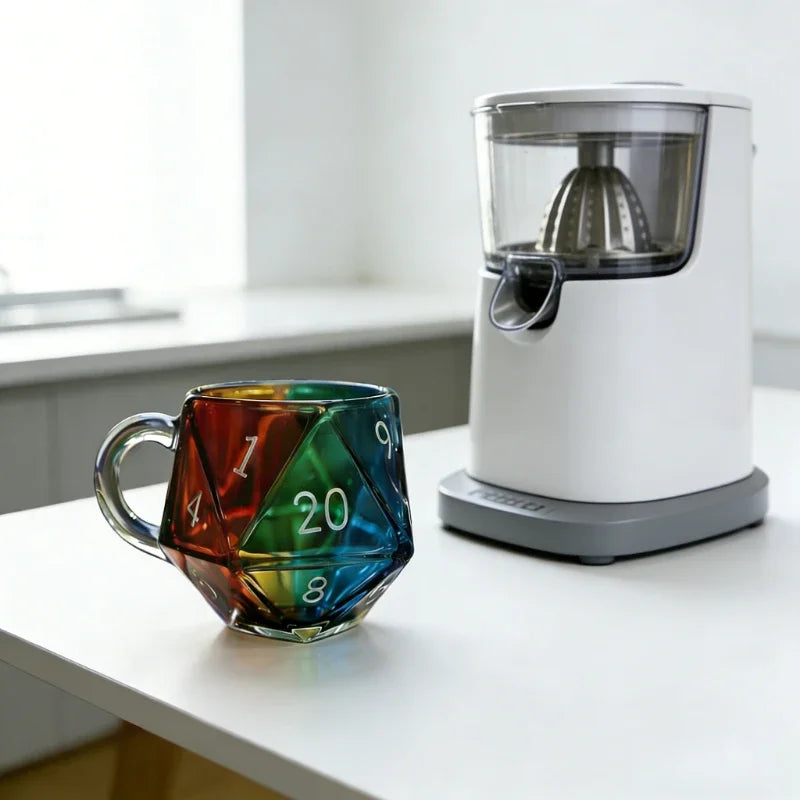 Tazza in vetro trasparente a forma di dado poliedrico con manico, ideale per serate di giochi di fantasia, un regalo originale per i giocatori.