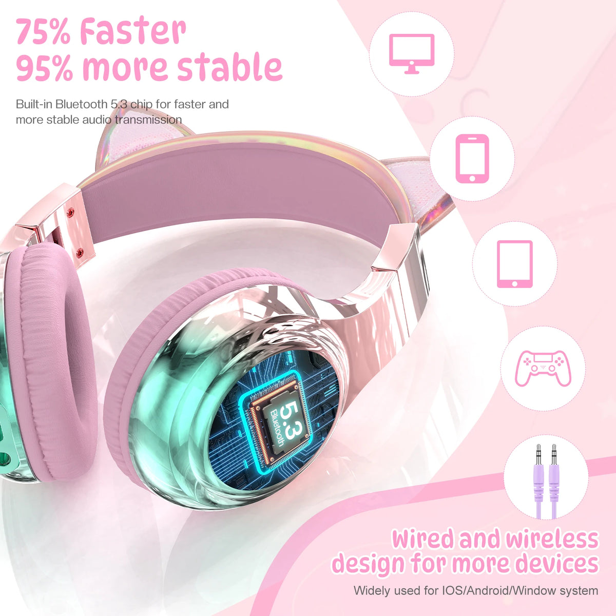 Cuffie wireless a forma di orecchie di gatto per ragazze e bambini, cuffie Bluetooth con volume sicuro 74/85/94dB, cuffie pieghevoli per bambini, ideali per i viaggi