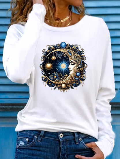 T-shirt da donna in 100% puro cotone, ideale per la primavera e l’autunno, comoda, casual, a maniche lunghe, con stampa grafica a tema parigino e scollo rotondo.