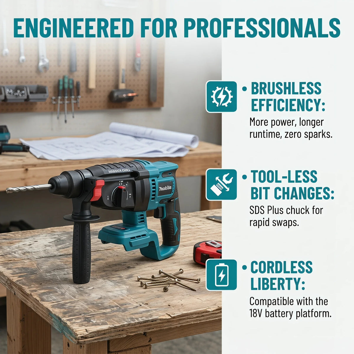 Martello Perforatore Rotativo Cordless Makita DHR242 18V Originale al 100%, Senza Spazzole, 24mm per Calcestruzzo, 4700 IPM, 3 Modalità, Professionale per Lavori Pesanti