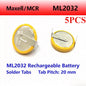 Batteria a bottone ricaricabile al litio Maxell ML2032 con terminali per saldatura, 3V, distanza tra i piedini 20 mm, per schede madri CMOS