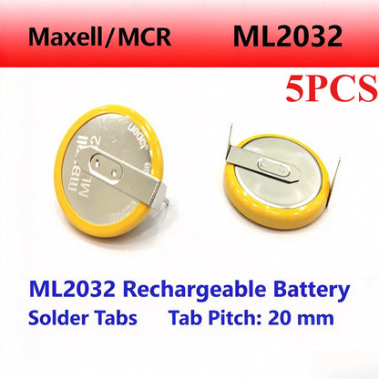 Batteria a bottone ricaricabile al litio Maxell ML2032 con terminali per saldatura, 3V, distanza tra i piedini 20 mm, per schede madri CMOS