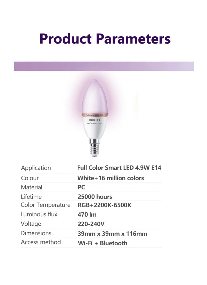 Philips Smart LED 4.9W E14 a lume di candela WiZ Wi-Fi e lampadina Bluetooth 220-240V 16 milioni di lampade dimmerabili satinate a colori CRI90
