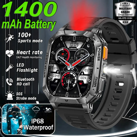 Nuovo smartwatch militare con batteria da 1400 mAh, impermeabile IP68, torcia, monitoraggio della salute, chiamate sportive, per iOS e Android