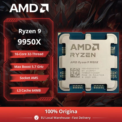 CPU AMD Ryzen 9 9950X 16-Core, 5.7GHz Max Boost, 64MB Cache L3, Socket AM5, DDR5, TDP 170W, Serie R9 9000 Senza Ventola