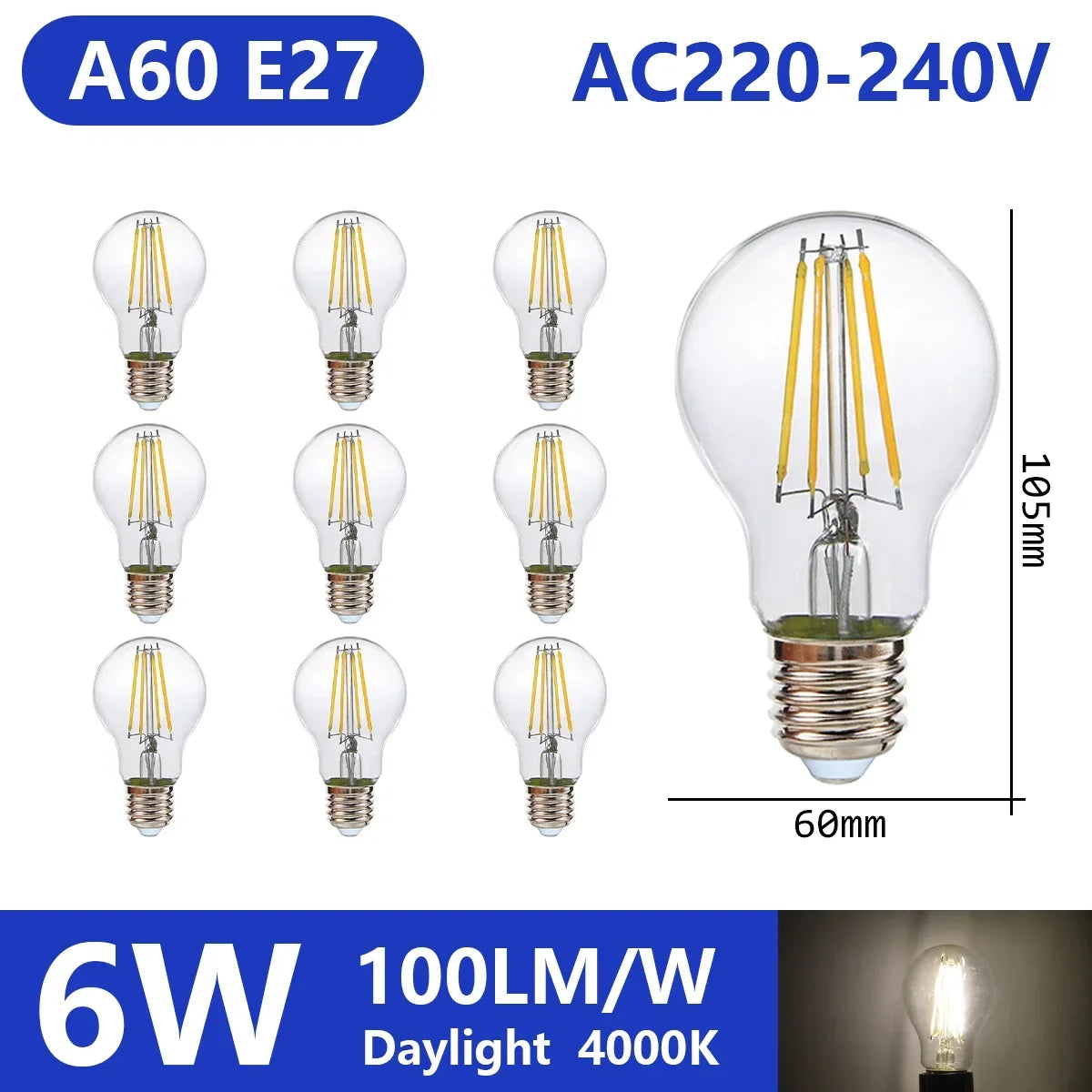 Confezione da 10 lampadine a filamento LED per E27 B22 220V 240V 4W 6W 9W Lampadine a LED bianche calde Lampada in vetro vintage