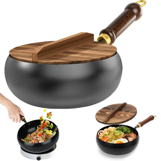 Padella in Ferro Non Rivestita con Coperchio, Forgiata a Mano, Antiaderente per Cucinare, Pentola per Wok, Accessori da Cucina per Fornelli a Gas
