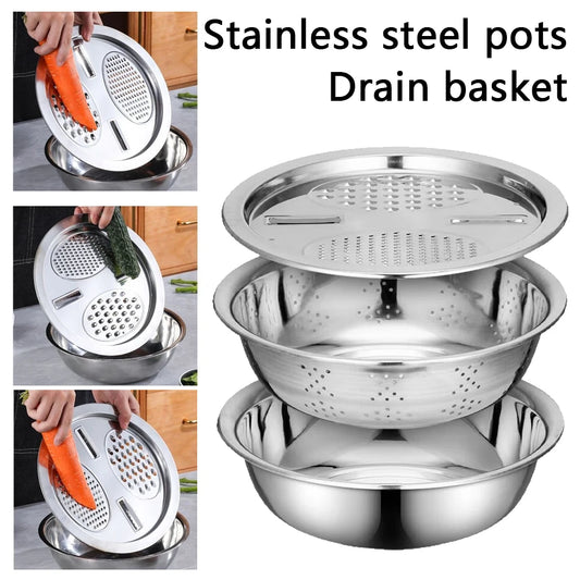 Set di 3 Cestelli Scolapiatti in Acciaio Inox, Kit Multifunzionale da 25 cm con Coperchio a Grattugia e Affettatrice, Ciotola per Lavaggio e Cestello Scolapiatti, per Lavaggio, Affettatura e Sminuzzamento di Frutta e Verdura,