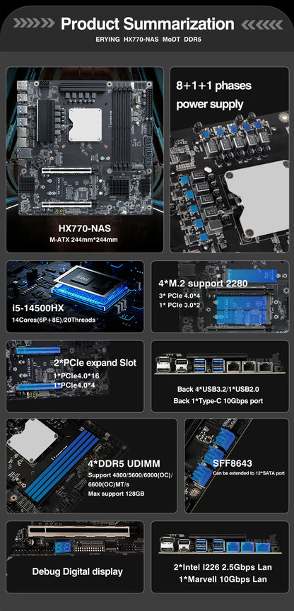 ERYING NAS Scheda madre integrata 14a generazione Core i5 14500HX 4xDDR5 Canale M.2 NVMe 2280 2.5G WIFI SFF8643 Interfaccia a 12 porte SATA