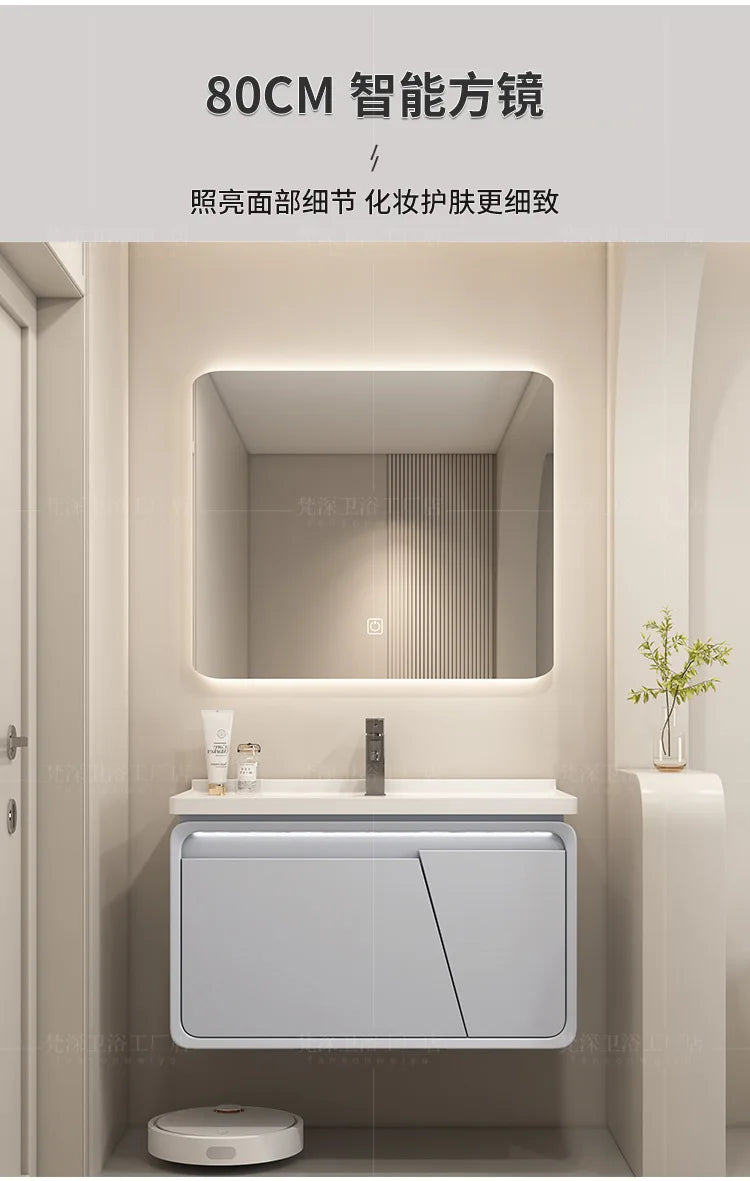 Mobile Bagno Moderno Intelligente con Lavabo Integrato in Ceramica, Armadietti in Rovere, Specchio LED e Mobiletto - Arredamento Bagno