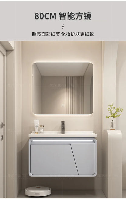 Mobile Bagno Moderno Intelligente con Lavabo Integrato in Ceramica, Armadietti in Rovere, Specchio LED e Mobiletto - Arredamento Bagno