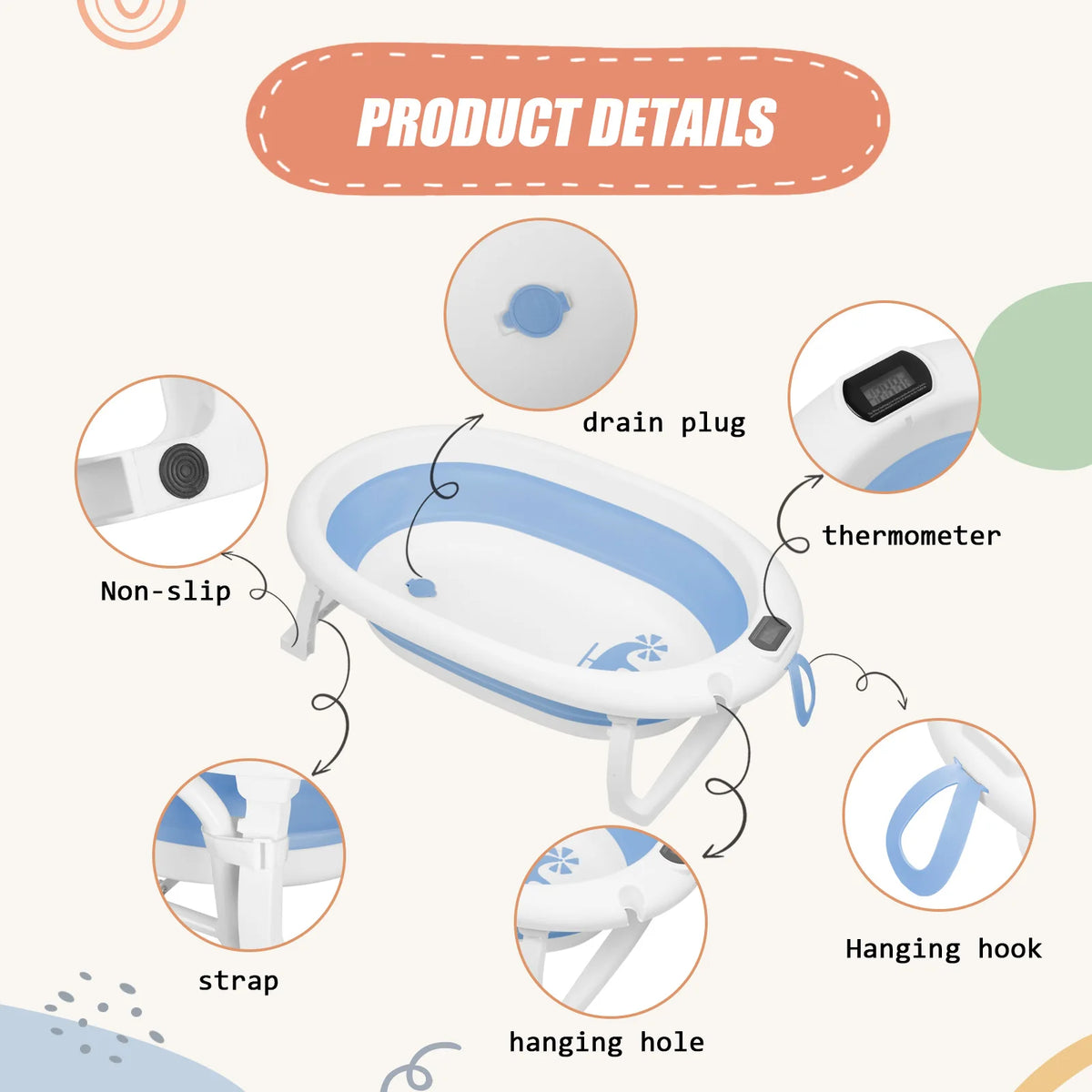 Vasca da bagno pieghevole per neonati con supporto – Vasca da bagno XXL per neonati con supporto, termometro 2.0, sedile da bagno e sistema di drenaggio – Perfetta per la doccia – Dalla nascita ai 3 anni – Ideale come