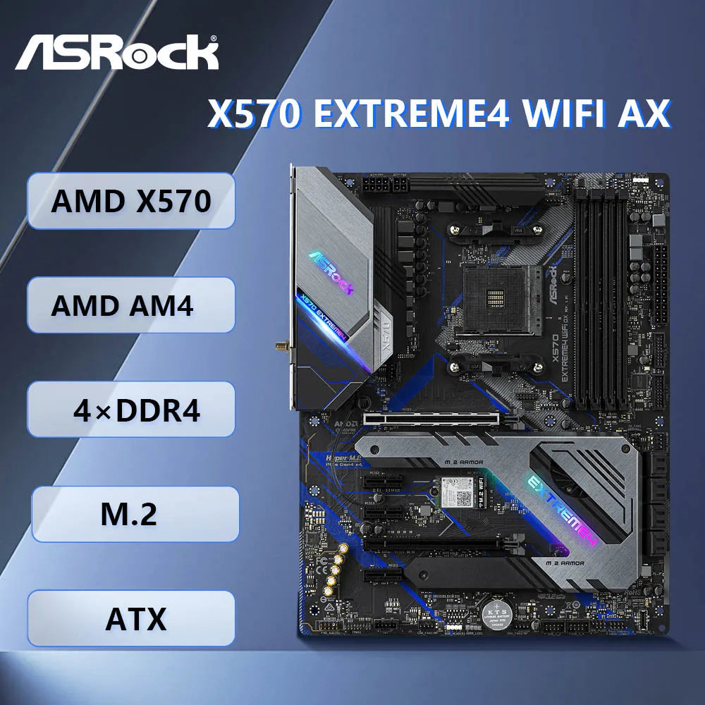 Scheda madre ASRock X570 Extreme4 WiFi ax, socket AM4, chipset AMD X570, supporto DDR4 fino a 128 GB, compatibile con CPU 5900, 5700, 4300, 2500, 3200, 5600, formato ATX.