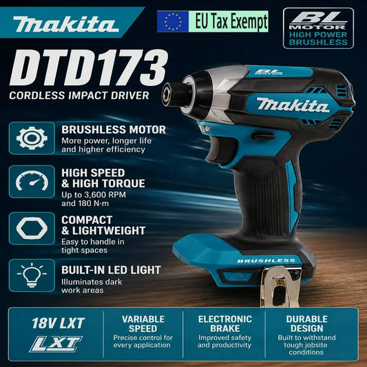 Avvitatore a impulsi Makita DTD173 senza fili 18V, cacciavite elettrico brushless 180N.m ad alta coppia 3600RPM, utensile elettrico compatibile con batterie Makita BL1860B BL1850B BL1840B BL1830B BL1815N LXT 18V, con kit cari