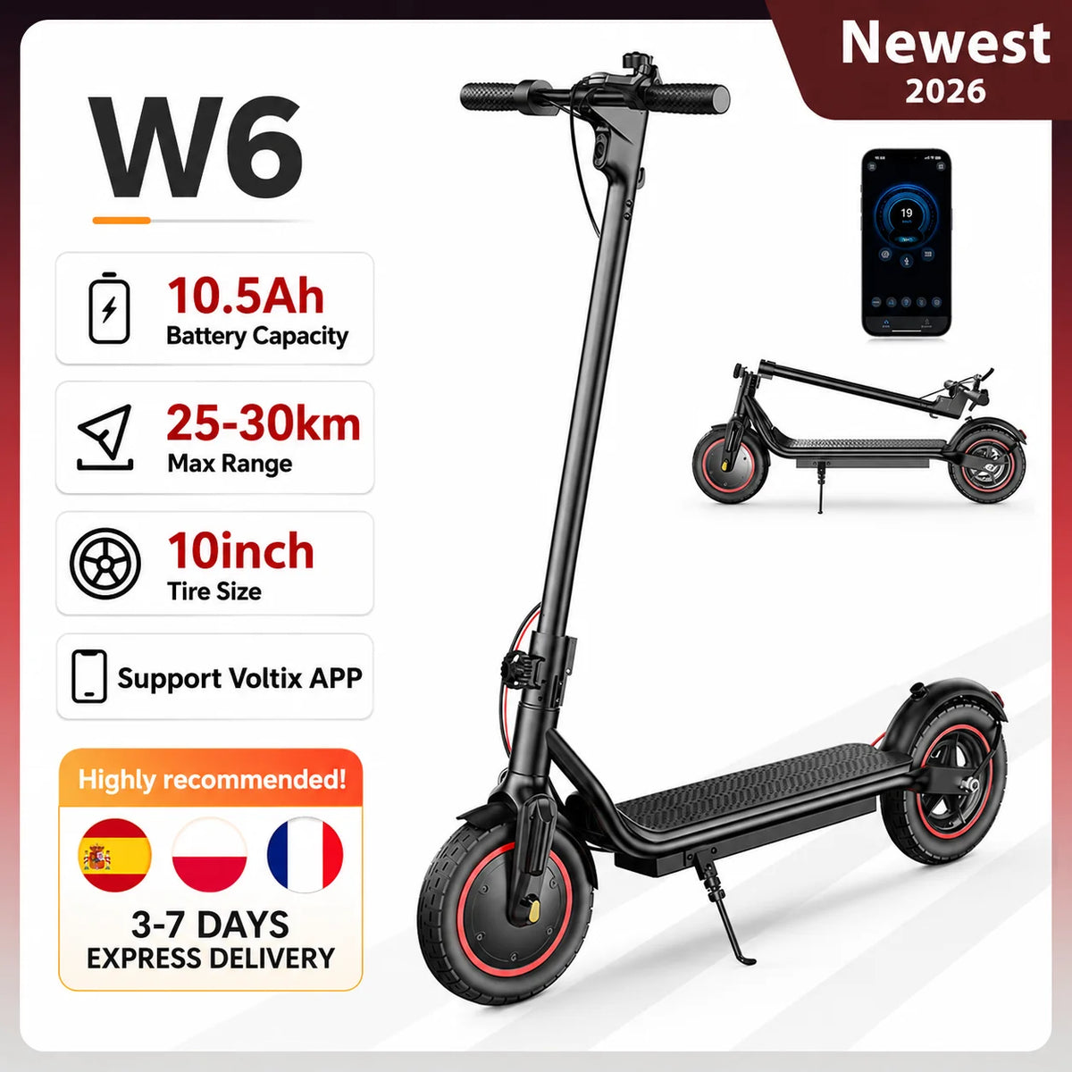 IScooter W6 Monopattino Elettrico per Adulti 10 Pollici 36V 10.5Ah Supporto App Voltix Autonomia Massima 30km Monopattini Elettrici Urbani