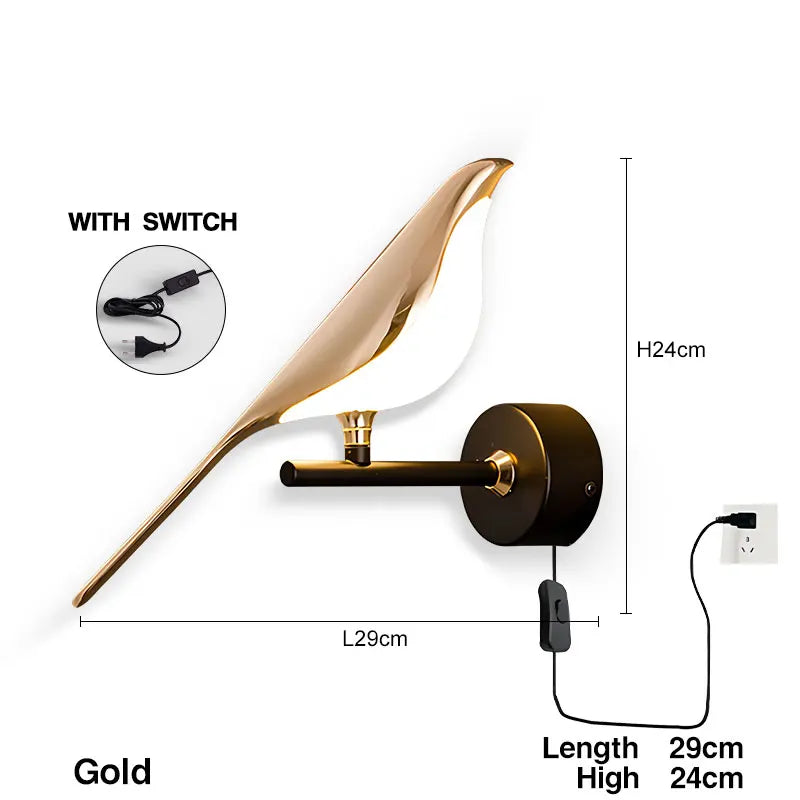 Lampade da Parete LED Girevoli a Forma di Uccello Magpie con Spina EU/US per Comodino, Camera da Letto, Lampade da Parete Nordiche, Applique per Cucina e Sala da Pranzo