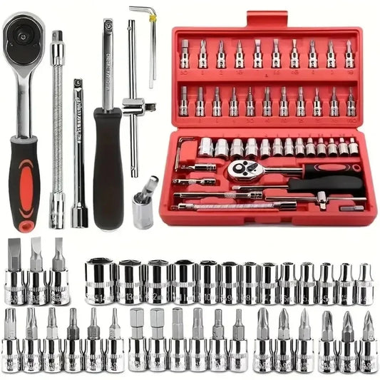 Set di 46 pezzi di bussole a cricchetto da 1/4 di pollice con punte esagonali metriche, kit di attrezzi meccanici per la riparazione auto