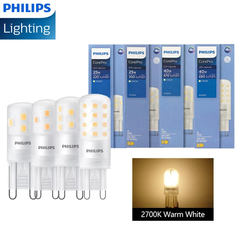 Lampadina LED Philips G9 1.9W 2.7W 3.7W 4W CorePro Capsule Pin 2700K Bianco Caldo 220-240V, Lampadina Decorativa in Cristallo, Sostituzione per Alogena G9