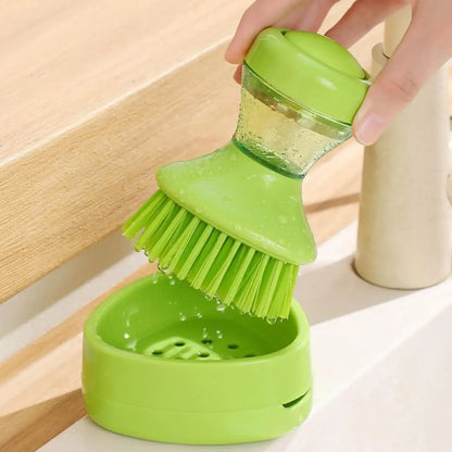 Spazzola per piatti con erogatore di sapone 2 in 1, dotata di spazzola integrata per la pulizia di pentole, padelle e lavelli, fornita con supporto da parete, strumento per la pulizia della cucina.
