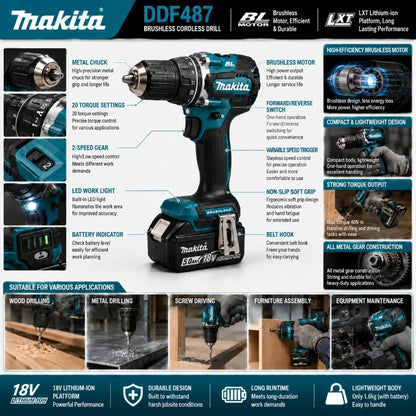 Trapano Avvitatore a Batteria Makita 18V DDF487 Brushless ad Alta Coppia + Batteria al Litio BL1860B BL1840 6.0Ah Kit Utensili Elettrici Spedizione Veloce da Magazzino EU