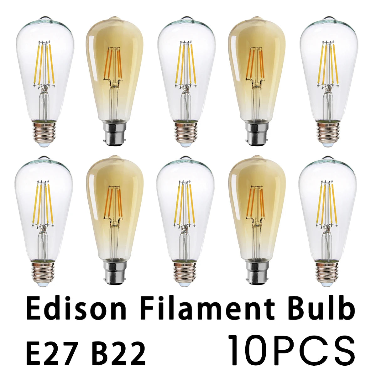Confezione da 10 lampadine a filamento LED per E27 B22 220V 240V 4W 6W 9W Lampadine a LED bianche calde Lampada in vetro vintage