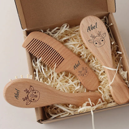 Spazzola per Capelli Neonato con Panda Inciso, in Lana Naturale e Legno, con Cuscino d'Aria, Regalo per Neonato