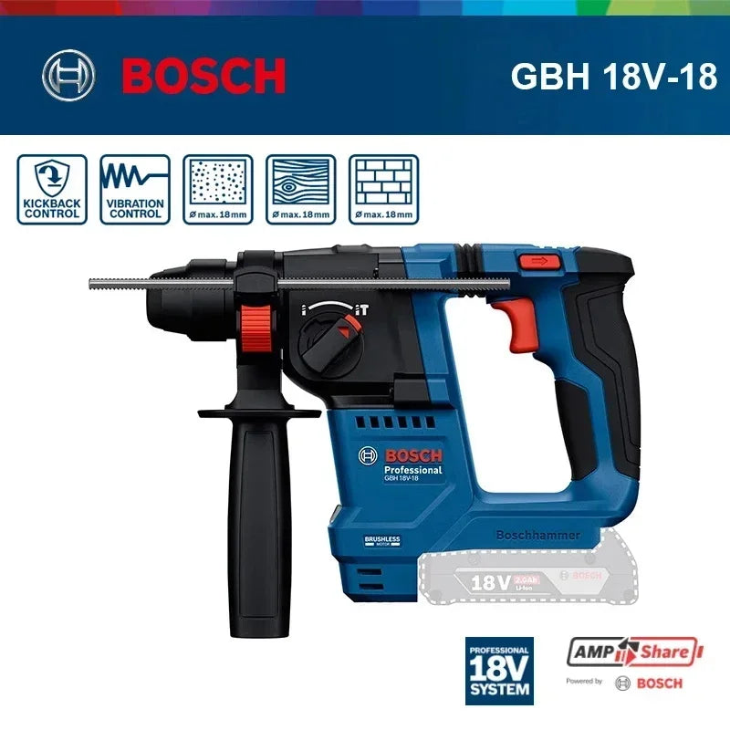 Trapano a percussione portatile Bosch GBH 18V-18 / 18X 18V con design ergonomico per montaggio a parete e operazioni di manutenzione edile