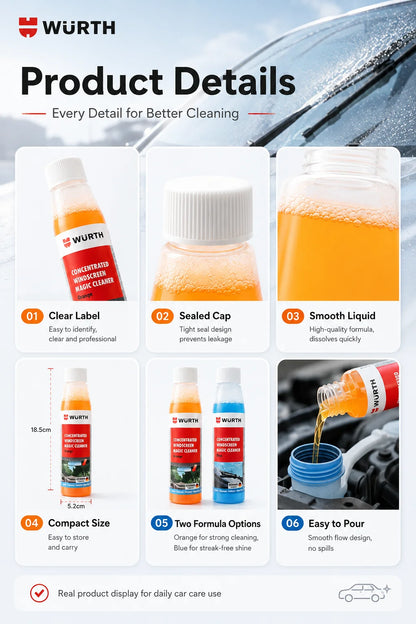 WURTH Detergente Concentrato per Parabrezza 1:100 Miscelazione Rapida Senza Aloni per Vetri Auto 32ml Arancione Blu