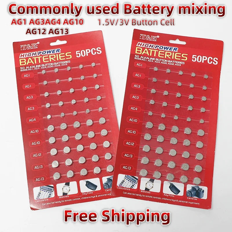50 Pezzi Batterie a Bottone 1.55V AG13 LR44 L AG1 AG3 AG4 AG10 AG12 SR44 A76 LR1154 GP7 per Orologi, Giocattoli e Telecomandi