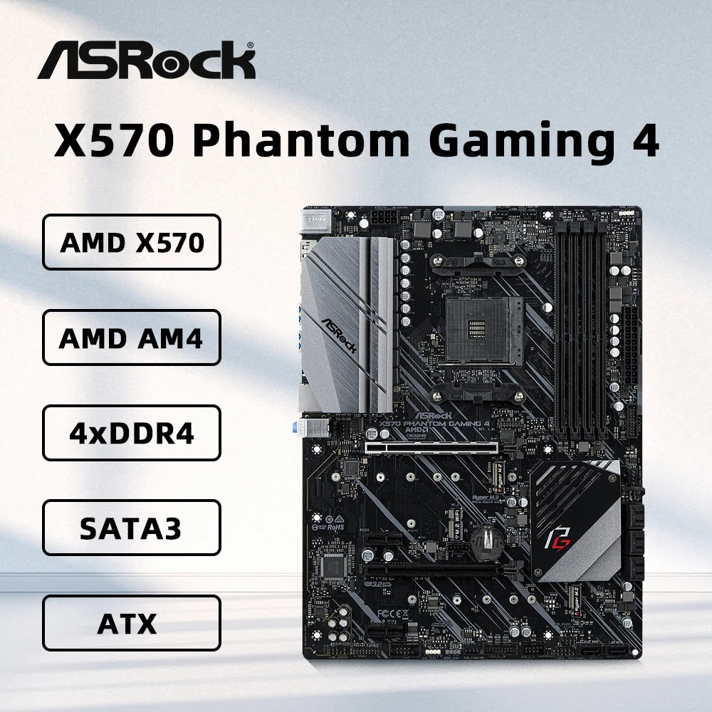 Scheda madre ASRock X570 Phantom Gaming 4, compatibile con CPU AMD 5800X3D, 5700X3D, 5600G, 4 slot DDR4 a 4666 MHz, PCIe 4.0, M.2 NVME, formato ATX, socket AM4.