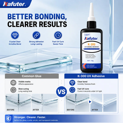 Adesivo UV Kafuter K-300 K-302 K-303 K-306, Colla Trasparente per Vetro, Acrilico e Cristallo, per Riparazioni Fai-da-Te, 50g
