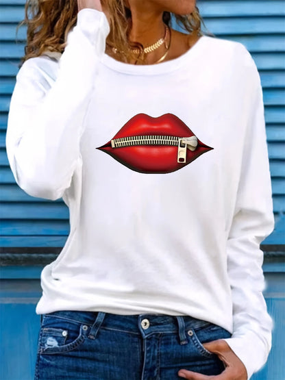 T-shirt da donna in 100% puro cotone, ideale per la primavera e l'autunno, dal taglio ampio e casual, con stampa a forma di labbra, cerniera, stampa grafica e maniche lunghe, scollo rotondo.