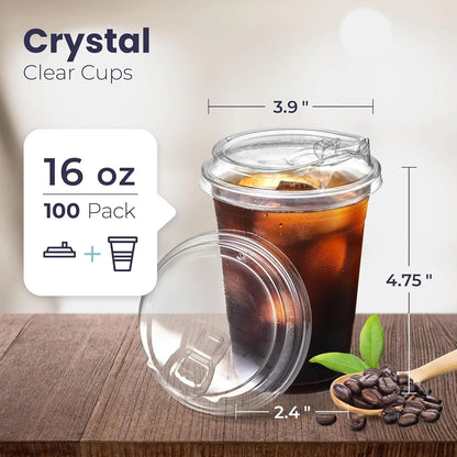 Confezione da 100 bicchieri di plastica trasparenti da 12/16/20/24 once, con coperchi a beccuccio senza cannuccia, bicchieri usa e getta per caffè, con coperchi, ideali per caffè freddo.