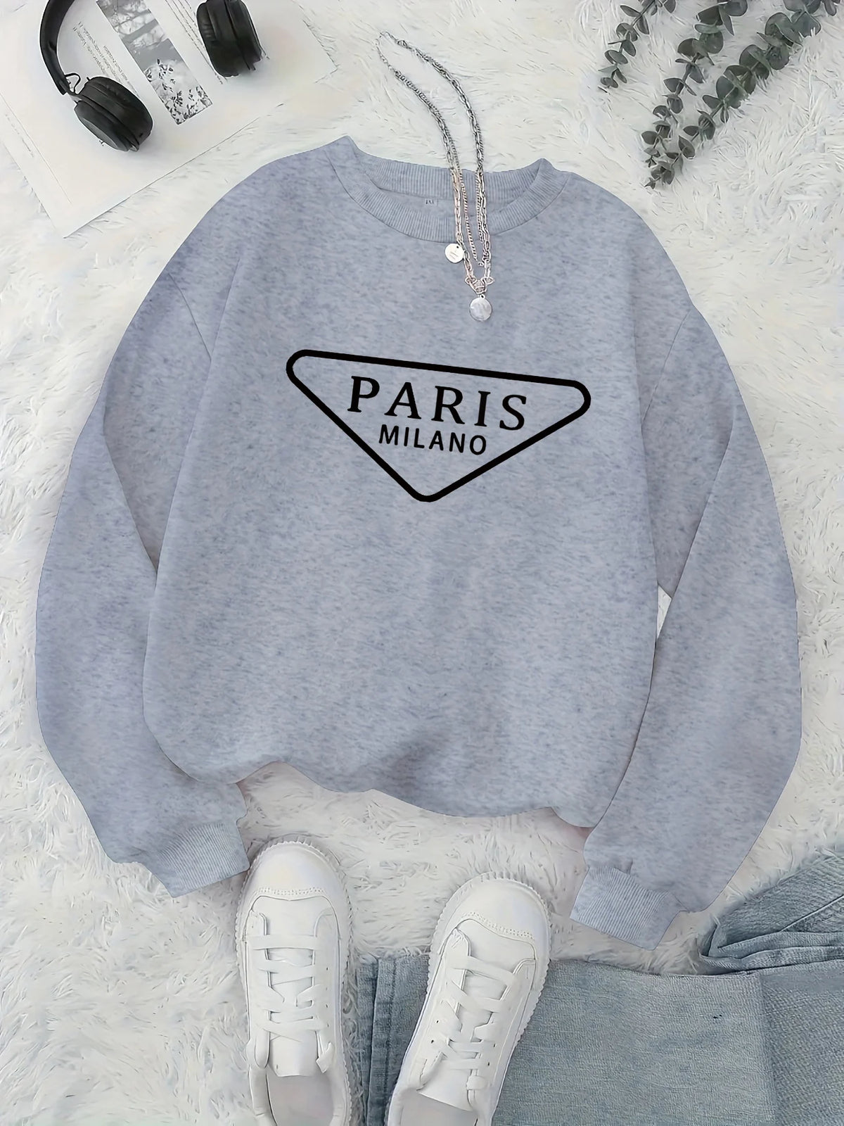 Maglione da donna, modello casual, ideale per l’autunno e l’inverno, ampio, comodo e caldo, con stampa a tema parigino, scollo rotondo e maniche lunghe.