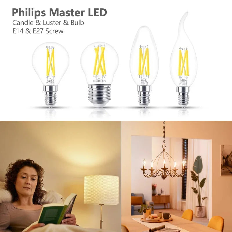 Philips Master LED Candela E14 Lampade a filamento 3,4 W = 40 W) B35 Lampadine trasparenti 220-240 V DimTone Dimmerabile Luce bianca calda per interni