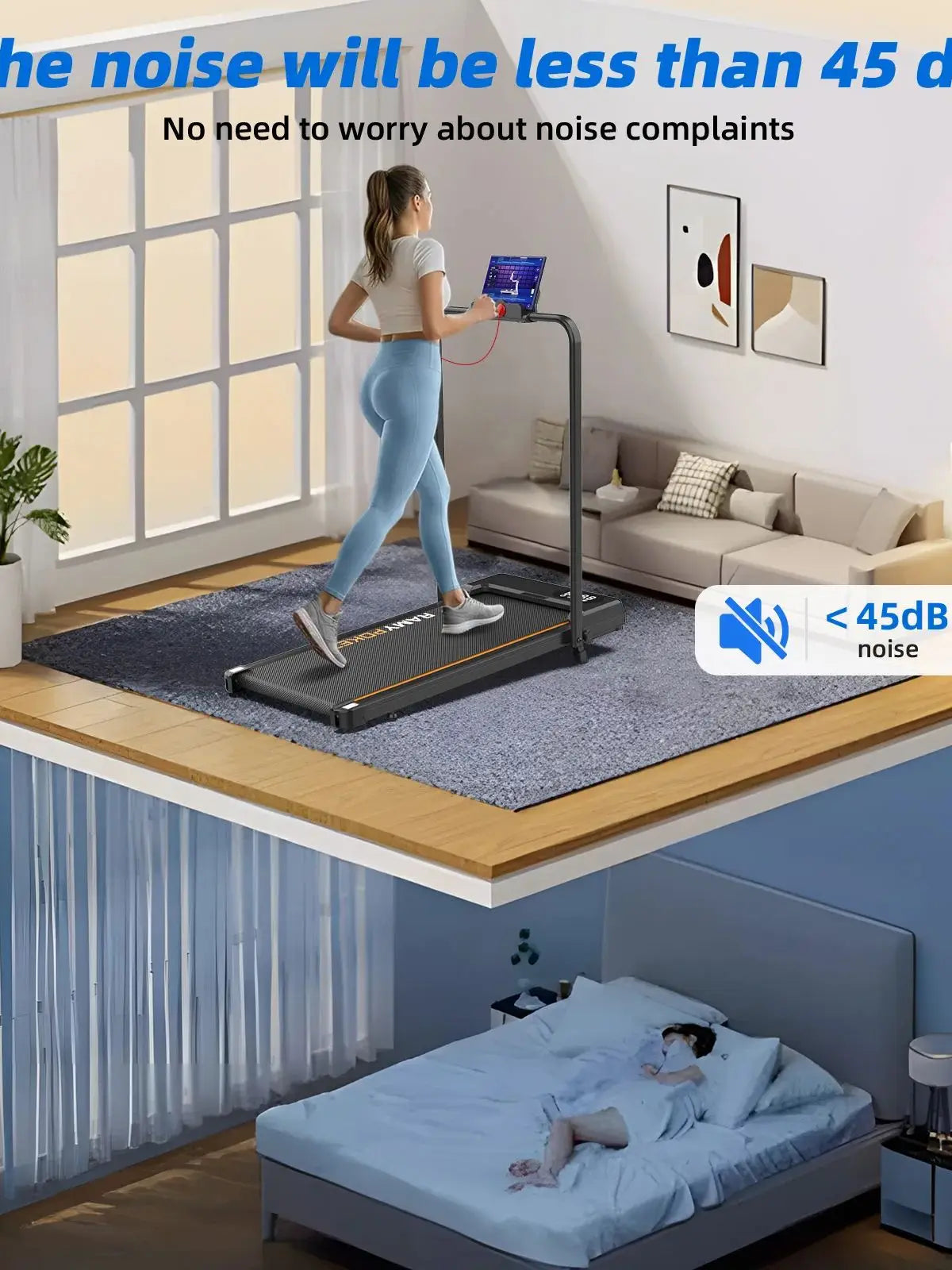Tapis roulant con inclinazione del 9%, silenzioso, 2.5HP, 1-10km/h, APP e LED, tapis roulant con maniglia, tapis roulant per casa, 150kg
