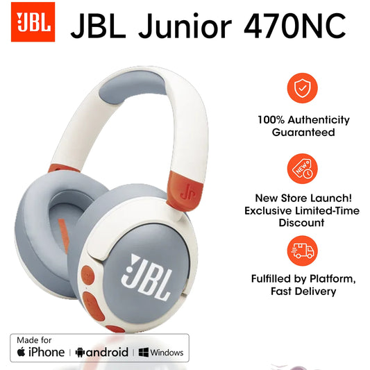 Cuffie wireless intraauricolari per bambini JBL Junior 470NC con cancellazione del rumore, batteria a lunga durata, ricarica rapida e connessione wireless.