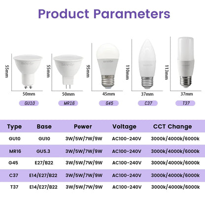 Lampadina intelligente regolabile a 3 temperature di colore CCT AC100-240V 3W 9W Lampadina LED GU10 MR16 E27 Luce spot Temperatura colore per l'illuminazione domestica