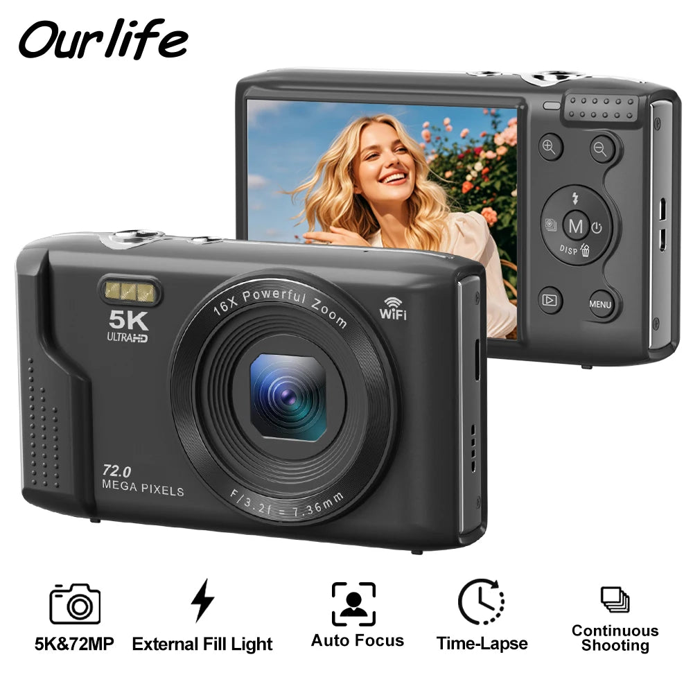 Ourlife Fotocamera digitale compatta 5K 72MP Schermo LCD da 2,8 '' Zoom digitale 16X Fotografia vintage Videoregistratore Vlog YouTube