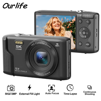 Ourlife Fotocamera digitale compatta 5K 72MP Schermo LCD da 2,8 '' Zoom digitale 16X Fotografia vintage Videoregistratore Vlog YouTube