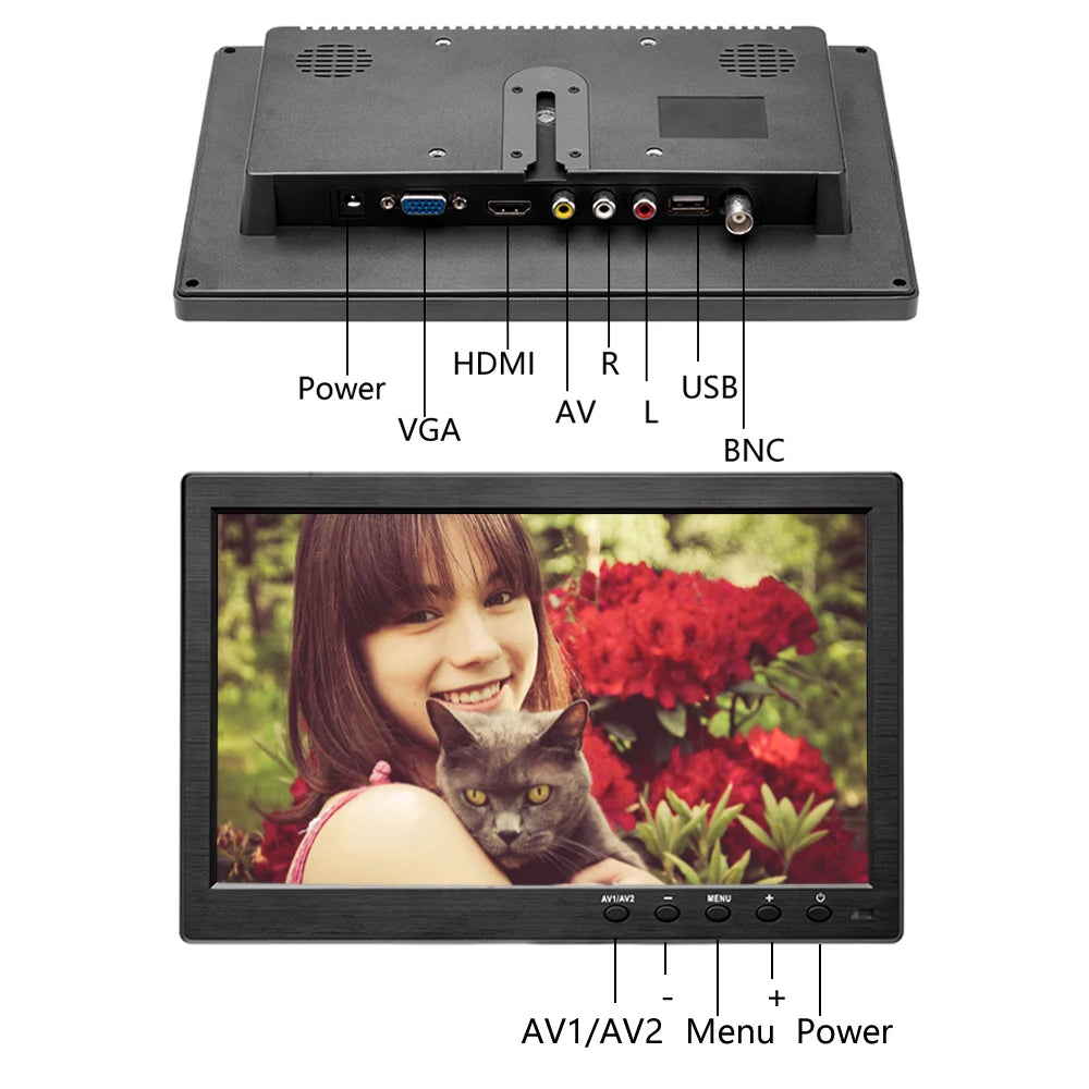 Monitor di Sicurezza Podofo 10.1'' con Display TFT LCD HD, Schermo Digitale con Ingresso Video HDMI/VGA/AV/USB/SD, Lettore PC/TV/DVD, Monitor per Auto