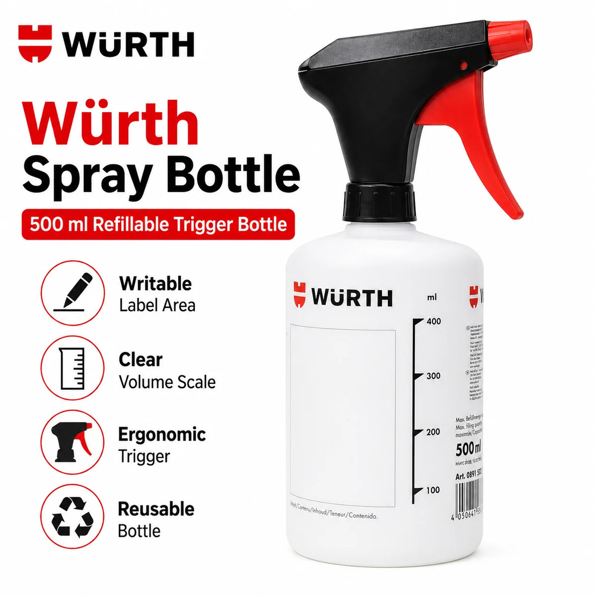 Flacone Spray Ricaricabile Professionale WURTH Germania, Erogatore a Grilletto Resistente agli Agenti Chimici, Dispenser per Sgrassatore e Lubrificante Auto