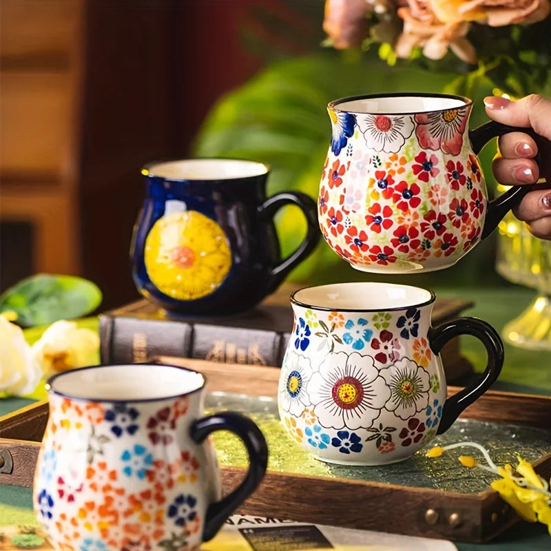 Tazza in Ceramica Stile Ceramica Polacca a Bocca Larga, Tazza con Motivo Floreale Dipinto a Mano, Tazza di Grande Capacità per Caffè, Tè e Latte