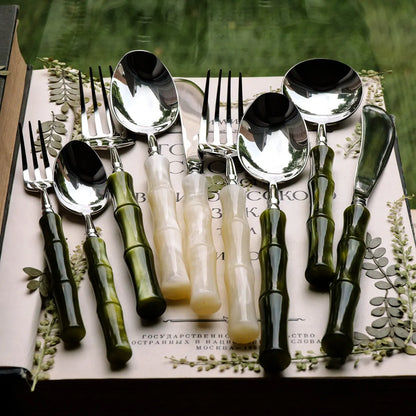 Set di Posate in Resina Stile Bambù, Acciaio Inossidabile 304, Posate Classiche, Opzioni da 1/3/4 Pezzi per Casa e Cucina