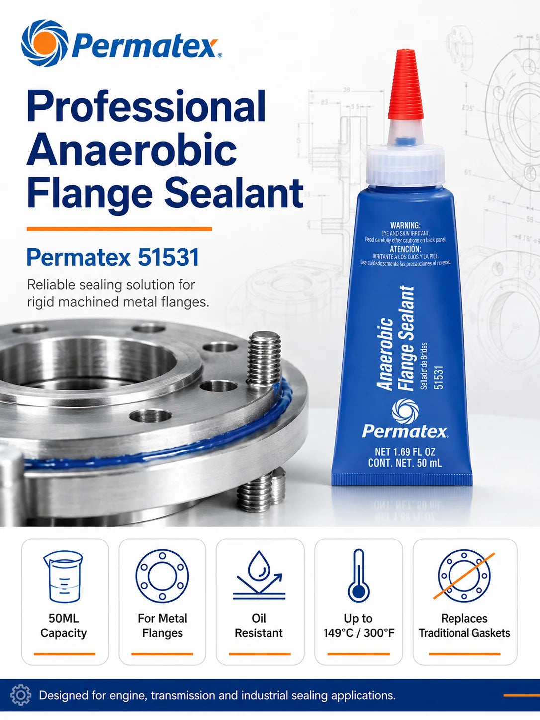 Permatex 51531 Sigillante Anaerobico per Flange 50ML, Guarnizione Liquida Resistente all'Olio per Motori, Trasmissioni e Flange Metalliche