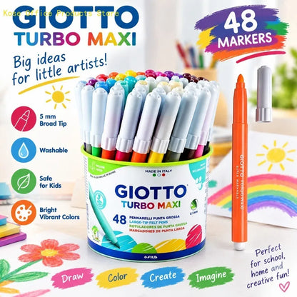 GIOTTO Set da 48 Pennarelli Lavabili con Punta in Feltro Turbo Maxi 5mm, Pennarelli Jumbo per Bambini, Scuola, Casa, Disegno, Colorazione, Set Artistico Creativo