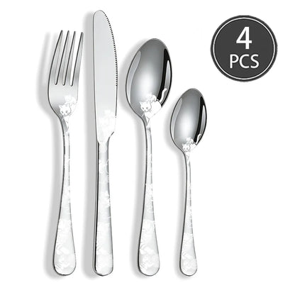 Set di posate in acciaio inossidabile con incisione laser Rose Cat, 4/15/25/40 pezzi, coltello, forchetta, cucchiaio, per coppie, stoviglie per feste